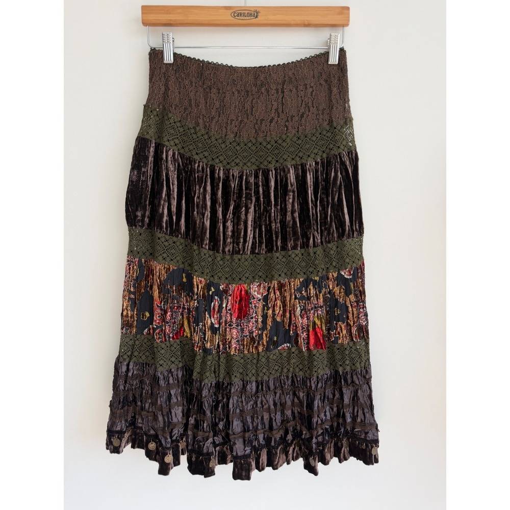Steampunk Boho Whimsigoth Victorian Velvet Lace Tiered Skirt Coin Trim Medium